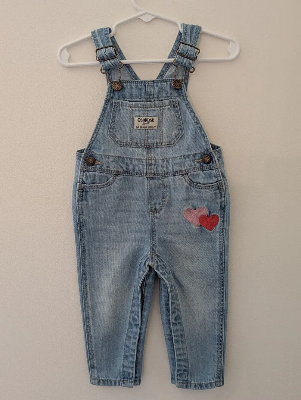 OshKosh B'gosh Light Wash Denim Overalls with 🩷❤️ ~ Sz 9 Mo